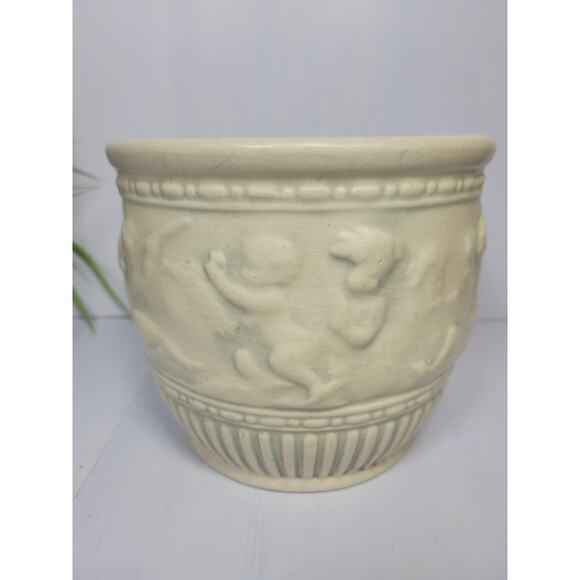 Antique Weller Pottery Fairfield Jardiniere Cherubs Ivory w Green Planter - Picture 2 of 5